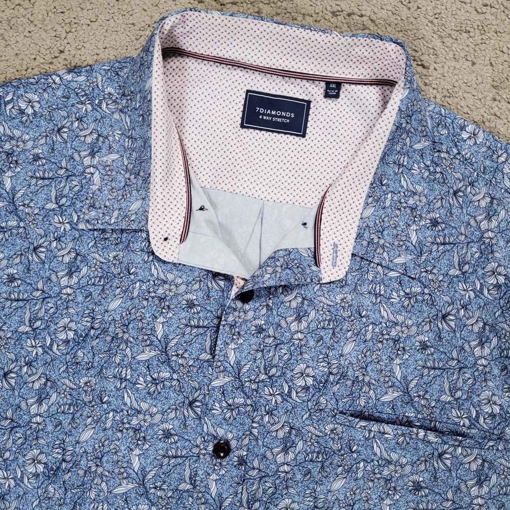 7 Diamonds Shirt Mens 2XL XXL Blue Preppy 4 Way Stretch Hawaiian‎ Button Up